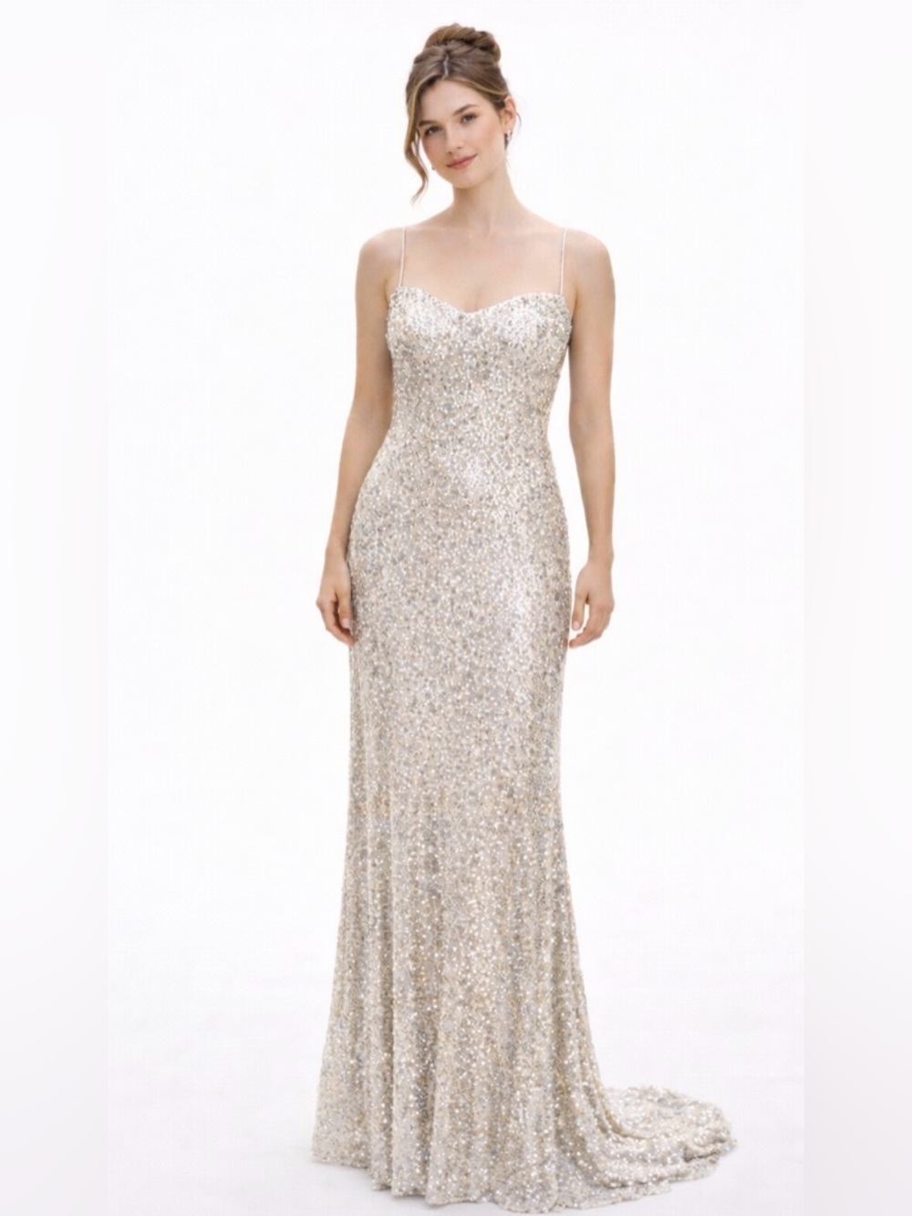 Galvan London Metallic Silver Sequin Long Evening Gown Dress SZ 6